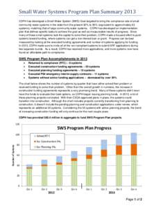 Small Water Systems Program Plan Summary[removed]CDPH has developed a Small Water System (SWS) Goal targeted to bring the compliance rate of small community water systems in the state from the present 92% to 95% (equivalen