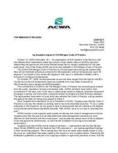 FOR IMMEDIATE RELEASE CONTACT Roger Wolf Executive Director, ACWA