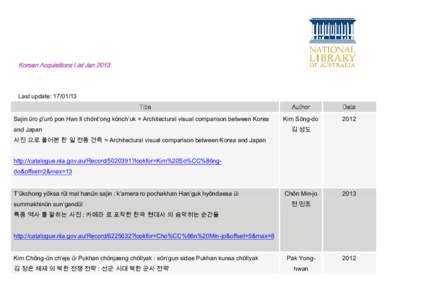 Korean Acquisitions List Jan[removed]Last update: [removed]Title Sajin uro pʻuro pon Han Il chontʻong konchʻuk = Architectural visual comparison between Korea and Japan