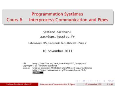 Programmation Systèmes Cours 6 — Interprocess Communication and Pipes Stefano Zacchiroli  Laboratoire PPS, Université Paris Diderot - Paris 7