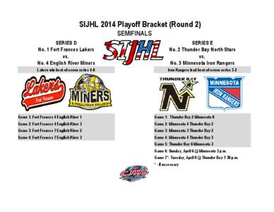 SIJHL 2014 Playoff Bracket (Round 2) SEMIFINALS SERIES D No. 1 Fort Frances Lakers vs. No. 4 English River Miners