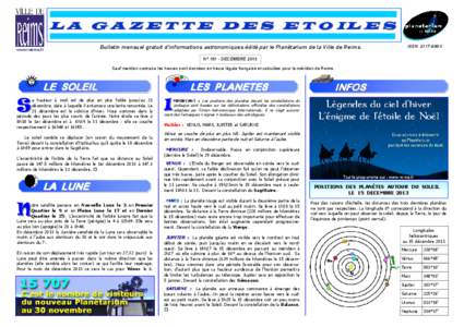 L A G A Z E T T E D E S E T O IL E S www.reims.fr Bulletin mensuel gratuit d’informations astronomiques édité par le Planétarium de la Ville de Reims.  ISSN 2117-699X