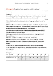 1  DaF Zulassungsprüfung an der Universität Zürich, Muster / Lösungen Teil I Lösungen zu Fragen zu Leseverstehen und Wortschatz total 25 Punkte
