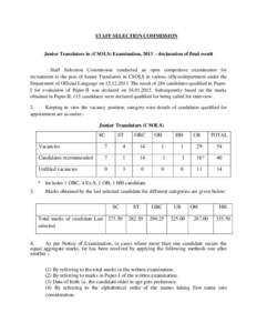 STAFF SELECTION COMMISSION  Junior Translators in (CSOLS) Examination, declaration of final result Staff Selection Commission conducted an open competitive examination for recruitment to the post of Junior Transla