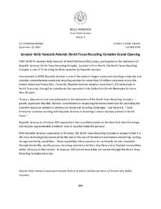 KELLY HANCOCK Texas State Senator District 9 For Immediate Release September 10, 2013