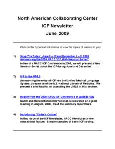 North American Collaborating Center, ICF Newsletter, June 2009