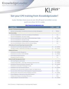 Get your CPE training from KnowledgeLeader! KLplus Members have access to over 30 self-paced accredited courses worth more than 32 CPE credits. http://www.knowledgeleader.com Course Title