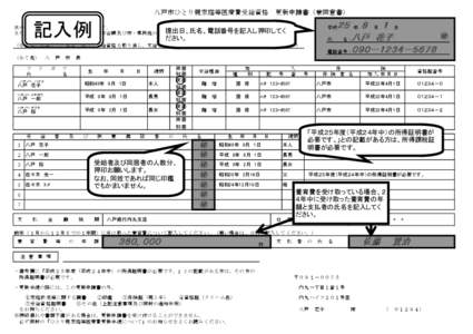 　　　　　　八戸市ひとり親家庭等医療費受給資格　更新申請書（兼同意書）  記入例 ２５　　８　　 １ ㊞