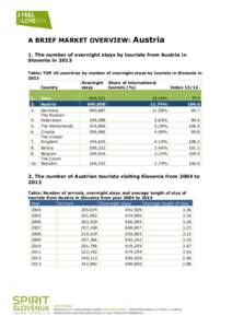 A BRIEF MARKET OVERVIEW:  Austria 1. The number of overnight stays by tourists from Austria in Slovenia in 2013