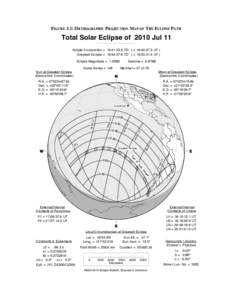 FIGURE 3.1: ORTHOGRAPHIC PROJECTION MAP OF THE ECLIPSE PATH  Total Solar Eclipse of 2010 Jul 11 Ecliptic Conjunction = 19:41:33.5 TD ( = 19:40:27.3 UT ) Greatest Eclipse = 19:34:37.6 TD ( = 19:33:31.4 UT ) Eclipse Magnit