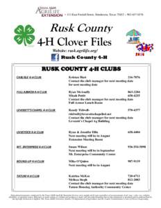 ~ 113 East Fordall Street, Henderson, Texas 75652 ~ Rusk County 4-H Clover Files Website: rusk.agrilife.org/