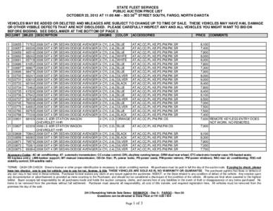 STATE FLEET SERVICES PUBLIC AUCTION PRICE LIST TH OCTOBER 23, 2013 AT 11:00 AM – [removed]STREET SOUTH, FARGO, NORTH DAKOTA VEHICLES MAY BE ADDED OR DELETED AND MILEAGES ARE SUBJECT TO CHANGE UP TO TIME OF SALE. THESE VE