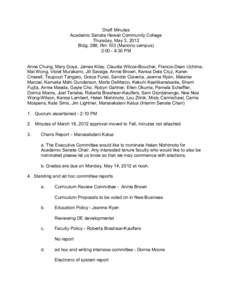 Draft Minutes Academic Senate Hawaii Community College Thursday, May 3, 2012 Bldg. 388, Rm 103 (Manono campus) 2:00 - 4:30 PM Anne Chung, Mary Goya, James Kiley, Claudia Wilcox-Boucher, Francis-Dean Uchima,