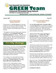 April 16, 2007  Issue #27 Tri-City Energy Begins Biodiesel Production