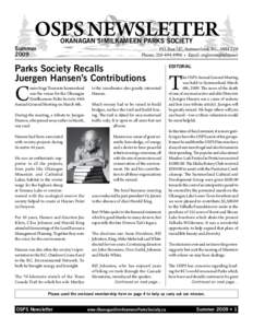 OSPS NEWSLETTER OKANAGAN SIMILKAMEEN PARKS SOCIETY Summer	 2009