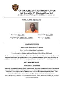 CRIMINAL SEX OFFENDER NOTIFICATION Hale County Sheriff’s Office Sex Offender Unit Chief Deputy Jason H. McCrorywww.halecoso.com NAME: HARRIS, JESSIE JAMES