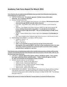 Academy Task Force Report for March 2015 First 5 Districts who are implementing full Middle School and High School Manufacturing Academies (and building labs to support them):  CONTRACTS/Deliverables: All contracts ap