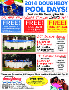 2014 DOUGHBOY  POOL DAYS! Don’t Miss This Chance to Save BIG!  July30th!
