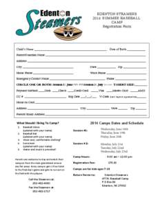 EDENTON STEAMERS 2013 SUMMER BASEBALL 2014 CAMP Registration Form