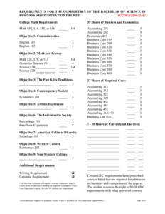 REQUIREMENTS FOR THE COMPLETION OF THE BACHELOR OF SCIENCE IN BUSINESS ADMINISTRATION DEGREE ACCOUNTING 2107 College Math Requirement: Math 150, 154, 155, or 156