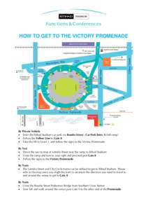 HOW TO GET TO THE VICTORY PROMENADE  By Private Vehicle  Enter the Etihad Stadium car park via Bourke Street - Car Park Entry A (left ramp)  Follow the Yellow Line to Gate 8  Take the lift to Level 1, and follow