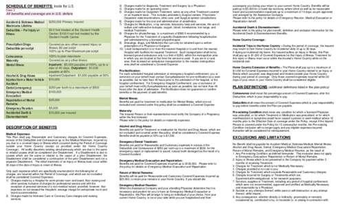 SCHEDULE OF BENEFITS: Inside the U.S. Class 2 All benefits and coverage are in U.S. dollars  Accident & Sickness Medical