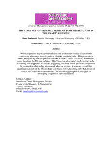 Strategic Management Journal, Volume 19, pp[removed], 1998 THE CLOSE BUT ADVERSARIAL MODEL OF SUPPLIER RELATIONS IN THE US AUTO INDUSTRY