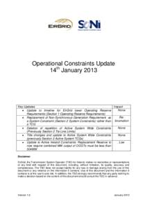 Operational Constraints Update 14th January 2013 Key Updates Impact None