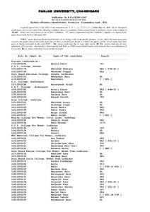 PANJAB UNIVERSITY, CHANDIGARH Notification No. B.B.A.II/2014-A/07 RE-EVALUATION RESULT OF THE Bachelor of Business Administration, Second year Examination, April , 2014. ……… In partial supersession to this office r