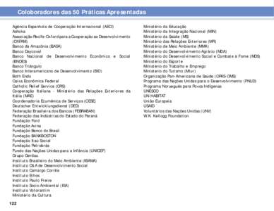 Coloboradores das 50 Práticas Apresentadas Agência Espanhola de Cooperação Internacional (AECI) Ashoka Associação Recife-Oxford para a Cooperação ao Desenvolvimento (OXFAM) Banco da Amazônia (BASA)