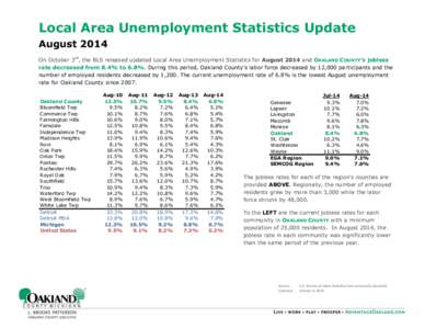 Local Area Unemployment Statistics Update August 2014 On October 3rd, the BLS released updated Local Area Unemployment Statistics for August 2014 and OAKLAND COUNTY’S jobless rate decreased from 8.4% to 6.8%. During th