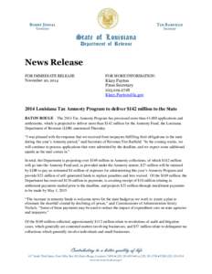 News Release FOR IMMEDIATE RELEASE November 20, 2014 FOR MORE INFORMATION: