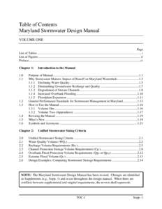 Table of Contents Maryland Stormwater Design Manual VOLUME ONE Page List of Tables ................................................................................................................................... i Lis