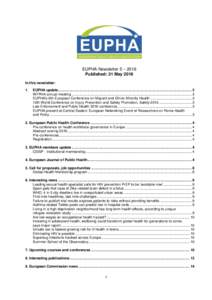 EUPHA Newsletter 5 – 2016 Published: 31 May 2016 In this newsletter: 1.  EUPHA update.....................................................................................................................................