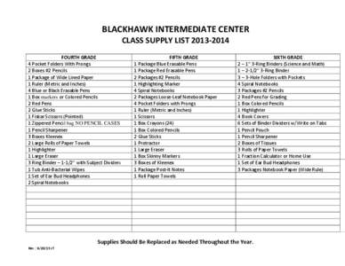 BLACKHAWK INTERMEDIATE CENTER CLASS SUPPLY LIST[removed]FOURTH GRADE 4 Pocket Folders With Prongs 2 Boxes #2 Pencils 1 Package of Wide Lined Paper
