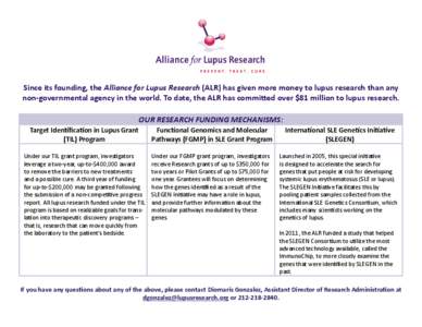 Since its founding, the Alliance for Lupus Research (ALR) has given more money to lupus research than any non-governmental agency in the world. To date, the ALR has committed over $81 million to lupus research. OUR RESEA