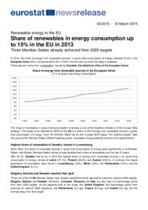 MarchRenewable energy in the EU Share of renewables in energy consumption up to 15% in the EU in 2013