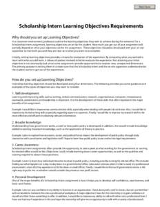 Print Form  Scholarship Intern Learning Objectives Requirements Why should you set up Learning Objectives? In a classroom environment, professors outline the learning objectives they wish to achieve during the semester. 