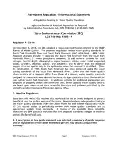 Permanent Regulation – Informational Statement A Regulation Relating to Water Quality Standards Legislative Review of Adopted Regulations as Required by Administrative Procedures Act, NRS 233B.066 & 233B[removed]f)  St