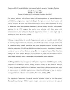 Suppressed GABAergic inhibition as a common factor in suspected etiologies of autism John P. Hussman, Ph.D. Ellicott City, MD[removed]Journal of Autism and Developmental Disorders, April 2001 The primary inhibitory and exc