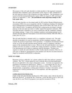 EPA 300-B[removed]OVERVIEW The purpose of this self-audit checklist is to help members of the regulated community determine their compliance status with portions of the August 8, 1995, amendments to the leak repair provis