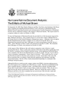 STAFF REPORT FOR REP. CHARLES MELANCON U.S. HOUSE OF REPRESENTATIVES NOVEMBER 2, 2005  Hurricane Katrina Document Analysis: