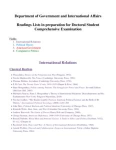 Department of Government and International Affairs Readings Lists in preparation for Doctoral Student Comprehensive Examination Fields: 1. International Relations 2. Political Theory