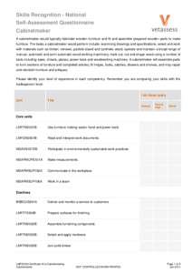 Skills Recognition - National Self-Assessment Questionnaire Cabinetmaker A cabinetmaker would typically fabricate wooden furniture and fit and assemble prepared wooden parts to make furniture. The tasks a cabinetmaker wo