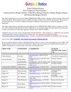 Tahoe National Forest 2015 Temporary Fire Positions: American River Ranger District, Yuba River Ranger District, Truckee Ranger District and Sierraville Ranger District The Tahoe National Forest will soon be filling TEMP