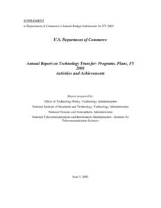 Annual Report on Technology Transfer: Programs, Plans, FY[removed]Activities and Achievements, U.S. Department of Commerce