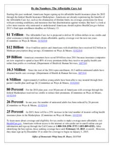 By the Numbers: The Affordable Care Act Starting this past weekend, Americans began signing up for affordable health insurance plans for 2015 through the federal Health Insurance Marketplace. Americans are already experi