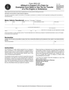 Form MVU-22 Affidavit in Support of a Claim for Exemption from Sales or Use Tax for Transfer of a Fire Engine or Ambulance  Rev. 4/99