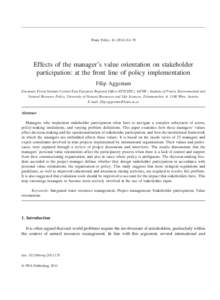 Water Policy–78  Effects of the manager’s value orientation on stakeholder participation: at the front line of policy implementation Filip Aggestam European Forest Institute Central-East European Regiona