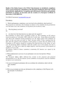 Replies of the Italian Senate to the COSAC Questionnaire on subsidiarity compliance check on the proposal for a Regulation of the European Parliament and of the Council on jurisdiction, applicable law, recognition and en